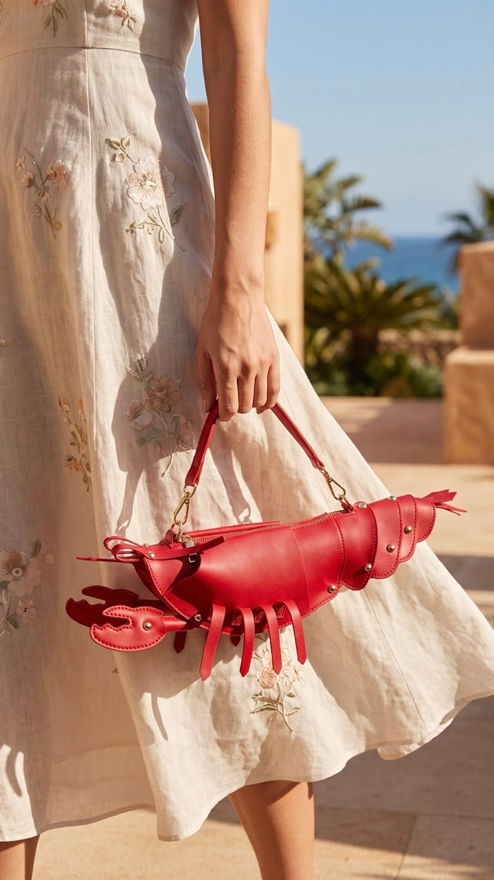 A woman in a cream embroidered dress holds a bright red lobster-shaped handbag with gold-tone hardware in an outdoor setting with warm stone walls and blue sky in the background.