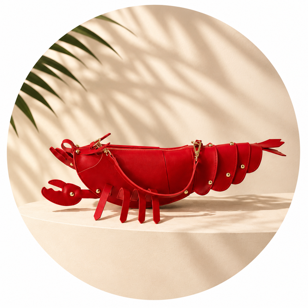 A bright red lobster-shaped handbag with gold-tone hardware, displayed on a beige pedestal with soft palm leaf shadows in the background.