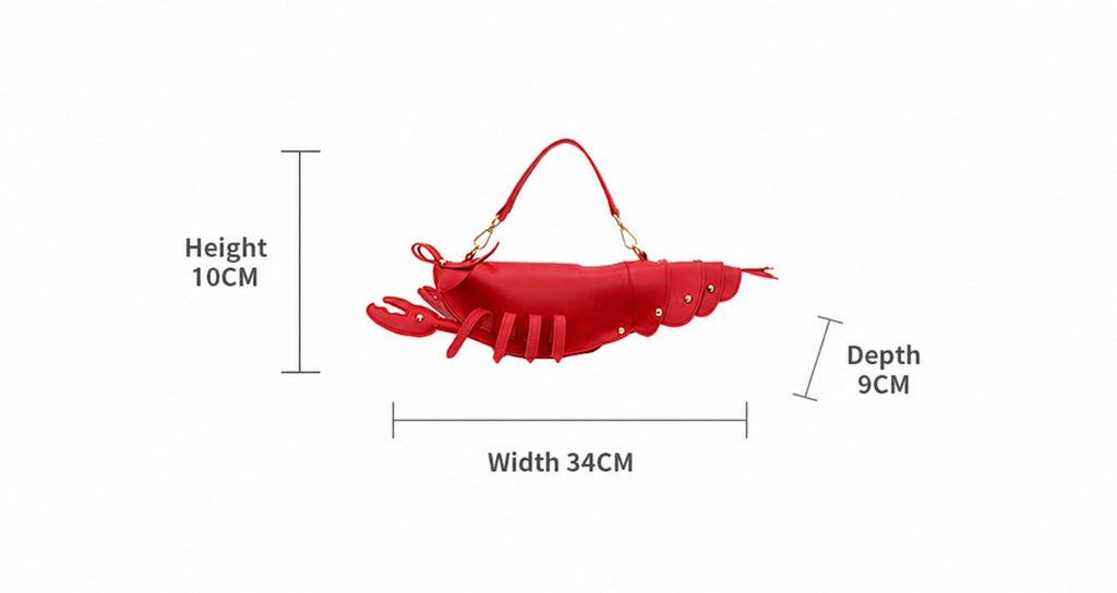 Red lobster-shaped handbag shown on a white background with measurement labels indicating height 10CM, width 34CM, and depth 9CM.