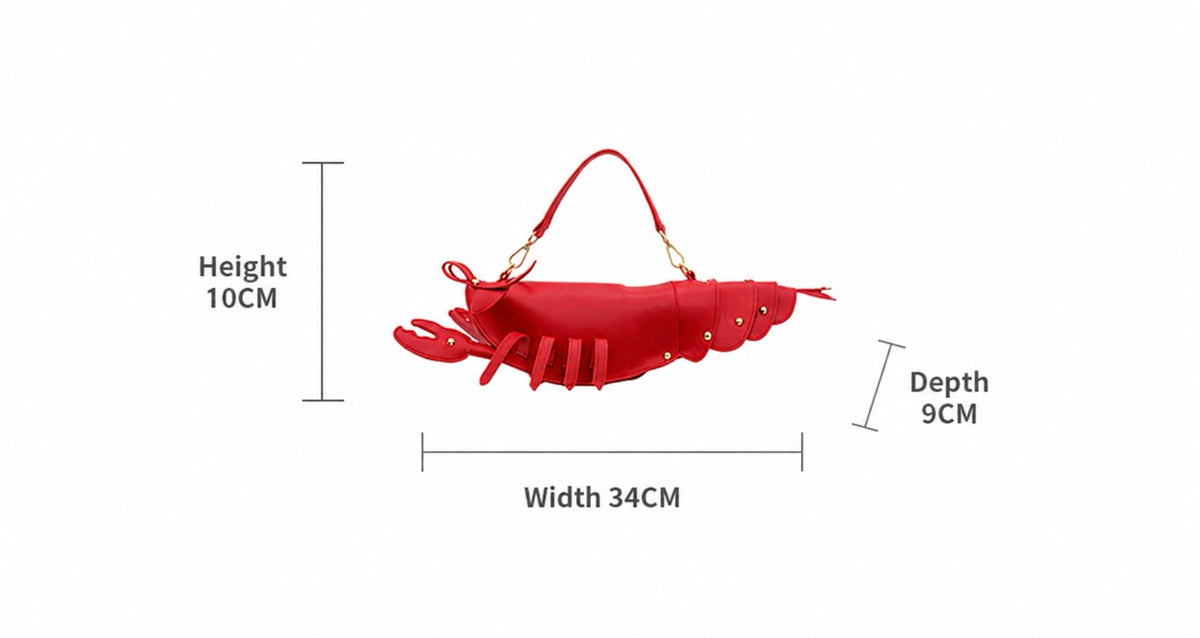 Red lobster-shaped handbag shown on a white background with measurement labels indicating height 10CM, width 34CM, and depth 9CM.